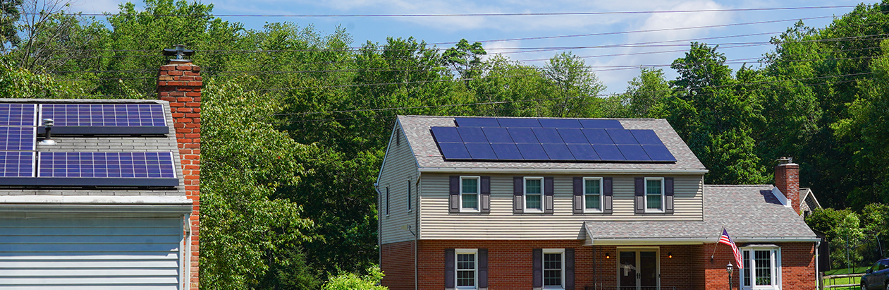 solar panels on residential home in neighborhood