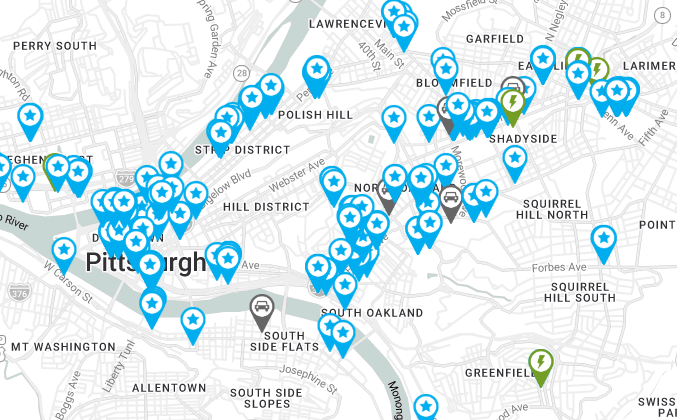 Map with location pins of current electric vehicle charging stations